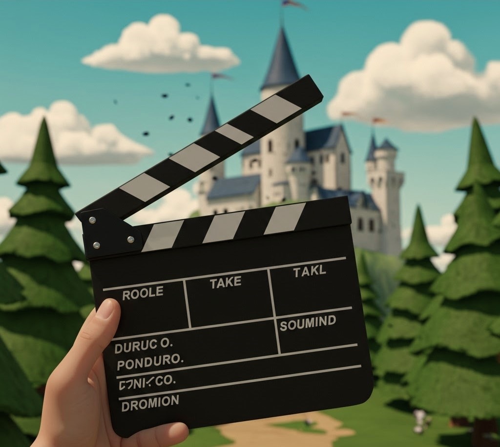 Klaps filmowy na tle bajkowego zamku